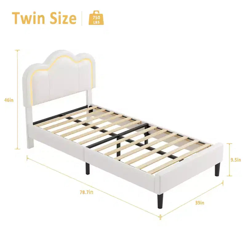 Struttura letto moderna in tessuto imbottito per bambini, singola (twin), con testiera regolabile, illuminazione d'atmosfera RGB e supporto silenzioso (senza molle), in tessuto beige