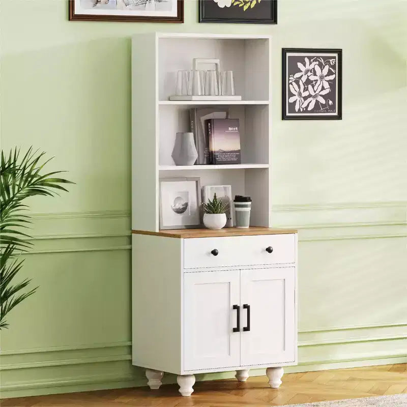 JVNOXK Stylish farmhouse-style storage cabinet with wooden gourd-shaped legs and adjustable shelves, perfect for the living room, white