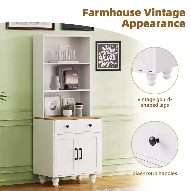 JVNOXK Armadietto contenitore elegante in stile rustico con gambe in legno a forma di zucca e ripiani regolabili, perfetto per il soggiorno, bianco