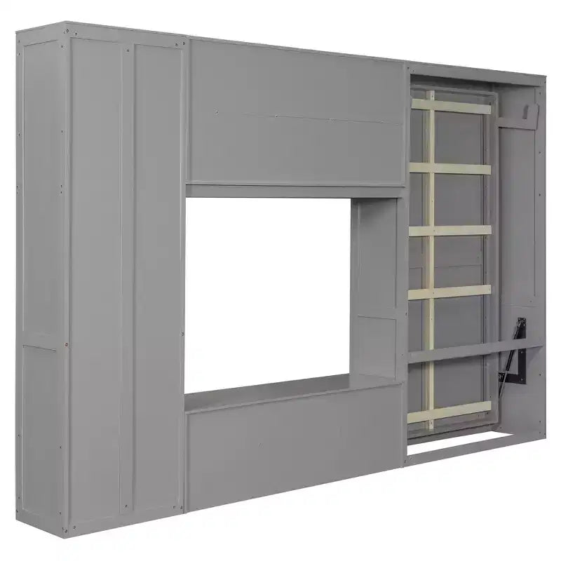 Letto a scomparsa singolo con armadietti e porta TV, letto a scomparsa singolo in legno con mensole portaoggetti, letto a scomparsa a cassapanca con 2 cassetti