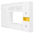 Letto a scomparsa singolo con armadietti e porta TV, letto a scomparsa singolo in legno con mensole portaoggetti, letto a scomparsa a cassapanca con 2 cassetti