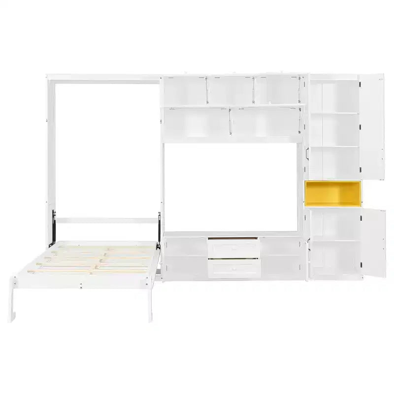 Letto a scomparsa singolo con armadietti e porta TV, letto a scomparsa singolo in legno con mensole portaoggetti, letto a scomparsa a cassapanca con 2 cassetti