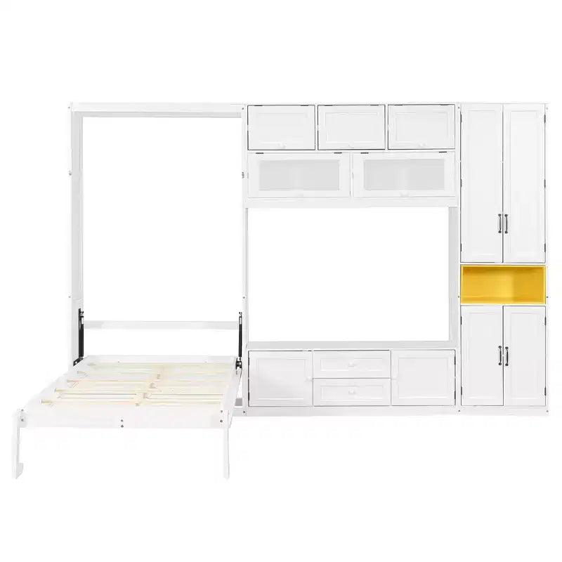 Letto a scomparsa singolo con armadietti e porta TV, letto a scomparsa singolo in legno con mensole portaoggetti, letto a scomparsa a cassapanca con 2 cassetti