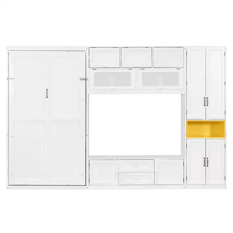 Letto a scomparsa singolo con armadietti e porta TV, letto a scomparsa singolo in legno con mensole portaoggetti, letto a scomparsa a cassapanca con 2 cassetti