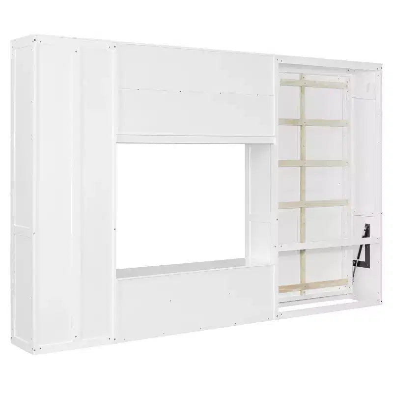 Letto a scomparsa singolo con armadietti e porta TV, letto a scomparsa singolo in legno con mensole portaoggetti, letto a scomparsa a cassapanca con 2 cassetti