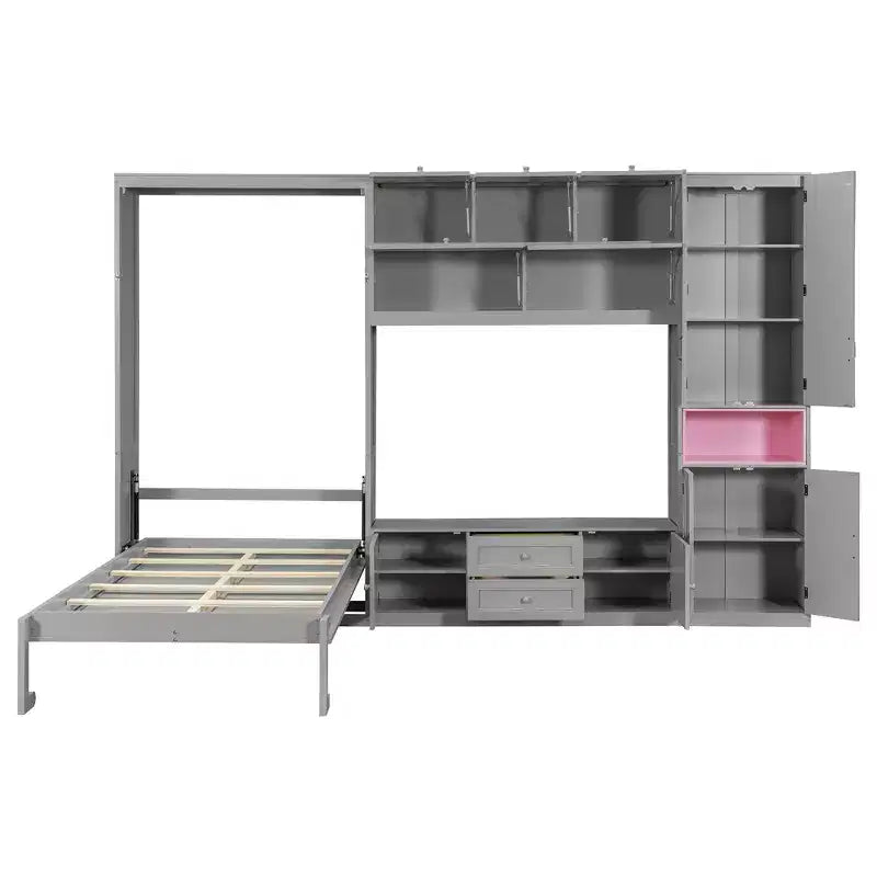Letto a scomparsa singolo con armadietti e porta TV, letto a scomparsa singolo in legno con mensole portaoggetti, letto a scomparsa a cassapanca con 2 cassetti