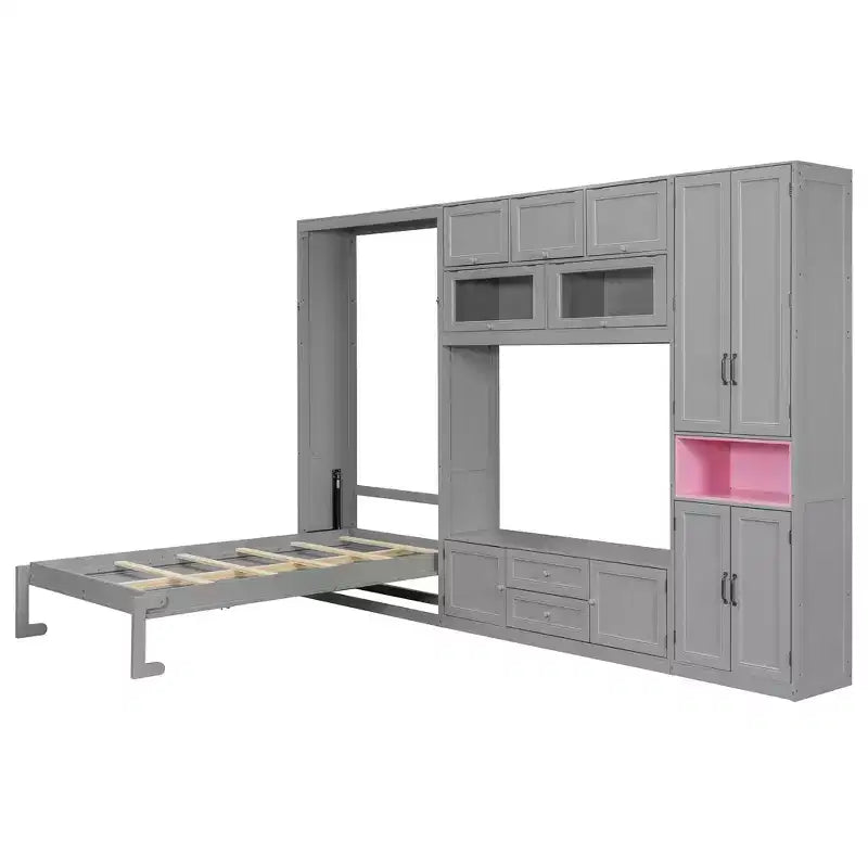 Letto a scomparsa singolo con armadietti e porta TV, letto a scomparsa singolo in legno con mensole portaoggetti, letto a scomparsa a cassapanca con 2 cassetti