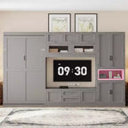 Twin Size Murphy Bed with Cabinets and TV Stand, Wooden Twin Cabinet Bed Wall Bed with Storage Shelves, Folding Wall Chest Bed with 2 Drawers