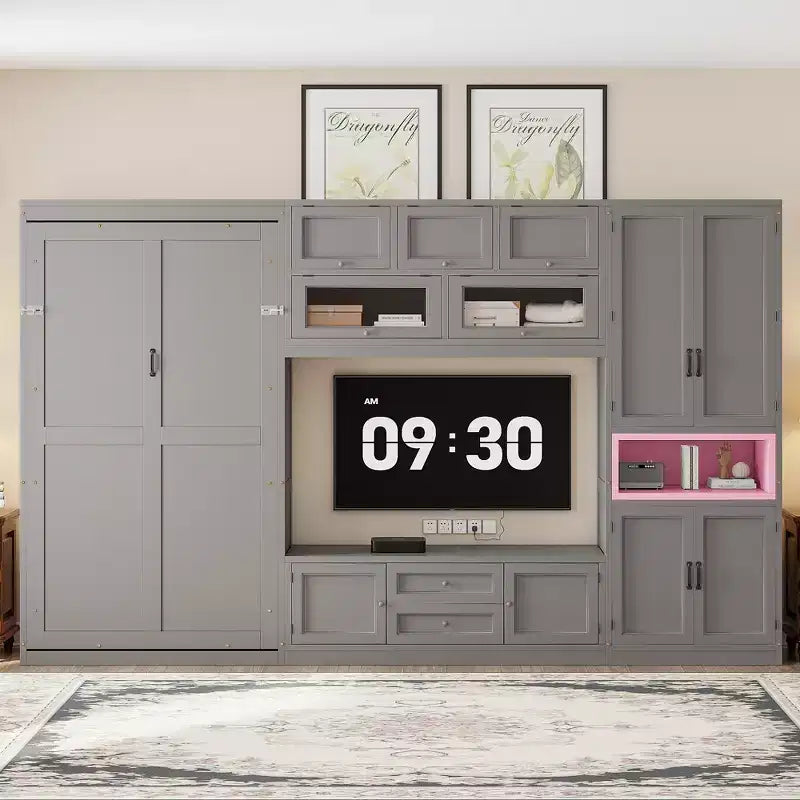 Twin Size Murphy Bed with Cabinets and TV Stand, Wooden Twin Cabinet Bed Wall Bed with Storage Shelves, Folding Wall Chest Bed with 2 Drawers