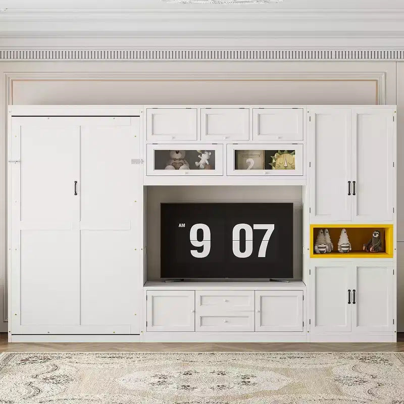 Letto a scomparsa singolo con armadietti e porta TV, letto a scomparsa singolo in legno con mensole portaoggetti, letto a scomparsa a cassapanca con 2 cassetti