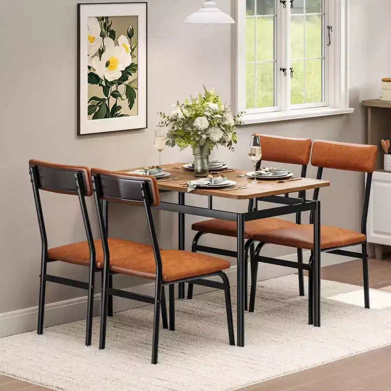 Set da pranzo da 5 pezzi, Set tavolo da cucina in legno con 4 sedie imbottite in PU, Set dinette industriale con struttura in metallo per sala da pranzo, cene in casa, feste