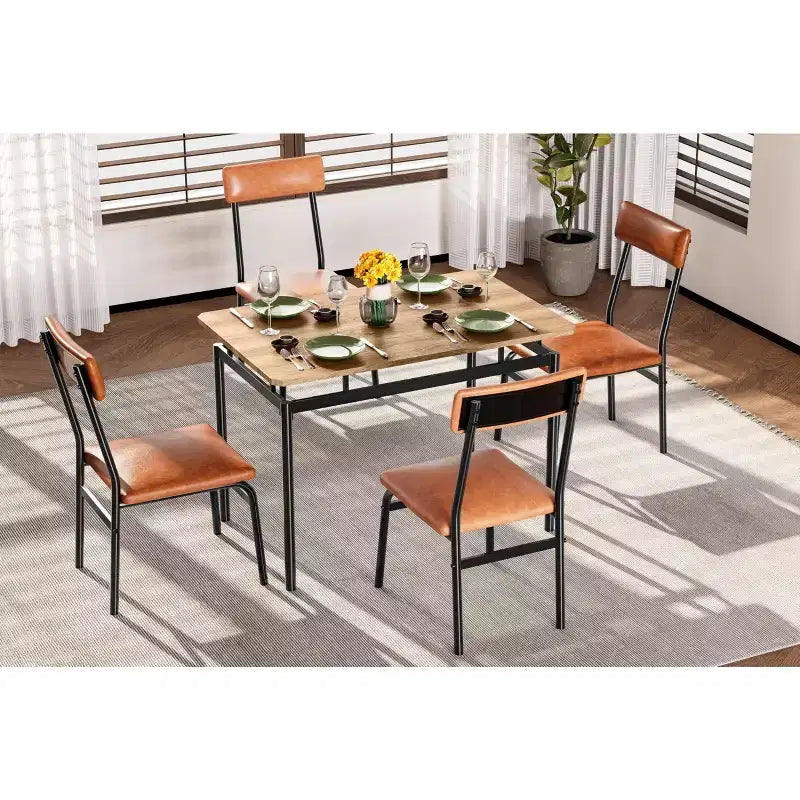 Set da pranzo da 5 pezzi, Set tavolo da cucina in legno con 4 sedie imbottite in PU, Set dinette industriale con struttura in metallo per sala da pranzo, cene in casa, feste