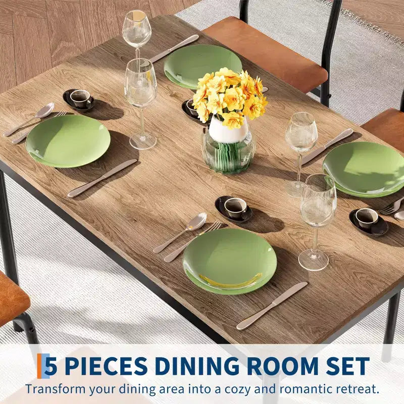 Set da pranzo da 5 pezzi, Set tavolo da cucina in legno con 4 sedie imbottite in PU, Set dinette industriale con struttura in metallo per sala da pranzo, cene in casa, feste