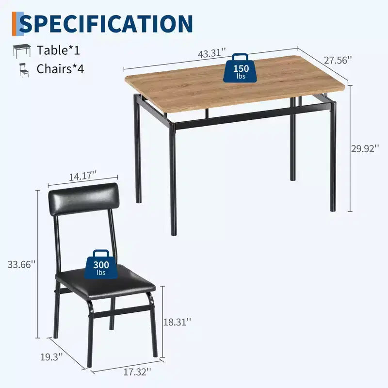 Set da pranzo da 5 pezzi, Set tavolo da cucina in legno con 4 sedie imbottite in PU, Set dinette industriale con struttura in metallo per sala da pranzo, cene in casa, feste