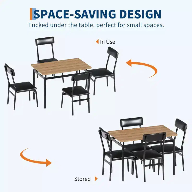 Set da pranzo da 5 pezzi, Set tavolo da cucina in legno con 4 sedie imbottite in PU, Set dinette industriale con struttura in metallo per sala da pranzo, cene in casa, feste