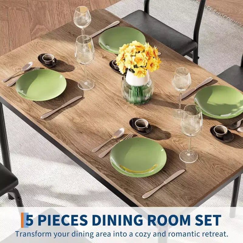 Set da pranzo da 5 pezzi, Set tavolo da cucina in legno con 4 sedie imbottite in PU, Set dinette industriale con struttura in metallo per sala da pranzo, cene in casa, feste