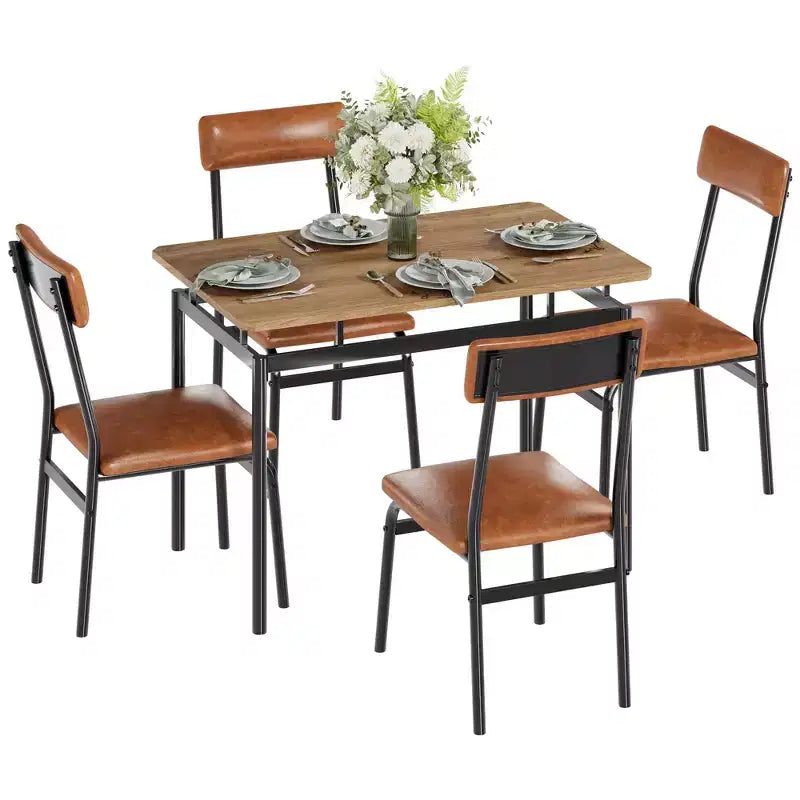 Set da pranzo da 5 pezzi, Set tavolo da cucina in legno con 4 sedie imbottite in PU, Set dinette industriale con struttura in metallo per sala da pranzo, cene in casa, feste