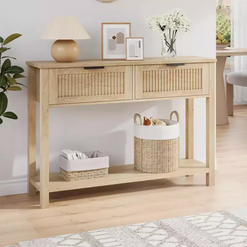 2-Drawer Fluted Narrow Console Table  Modern Entryway Accent Table with Bottom Shelf  Space-Saving Furniture for Hallway & Living Room
