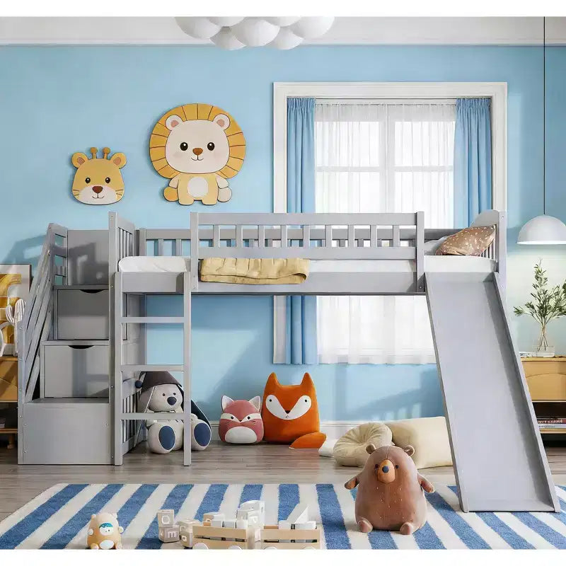 Bellemave Letto a soppalco singolo con scivolo, struttura in legno con scalini contenitore e ringhiere di sicurezza, ideale per le camere da letto.