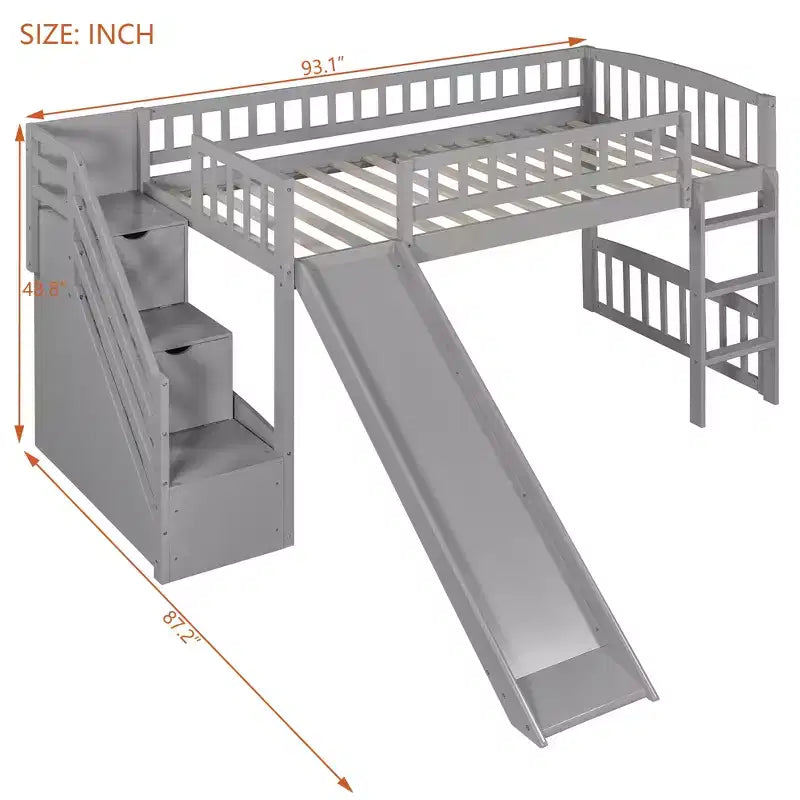 Bellemave Letto a soppalco singolo con scivolo, struttura in legno con scalini contenitore e ringhiere di sicurezza, ideale per le camere da letto.