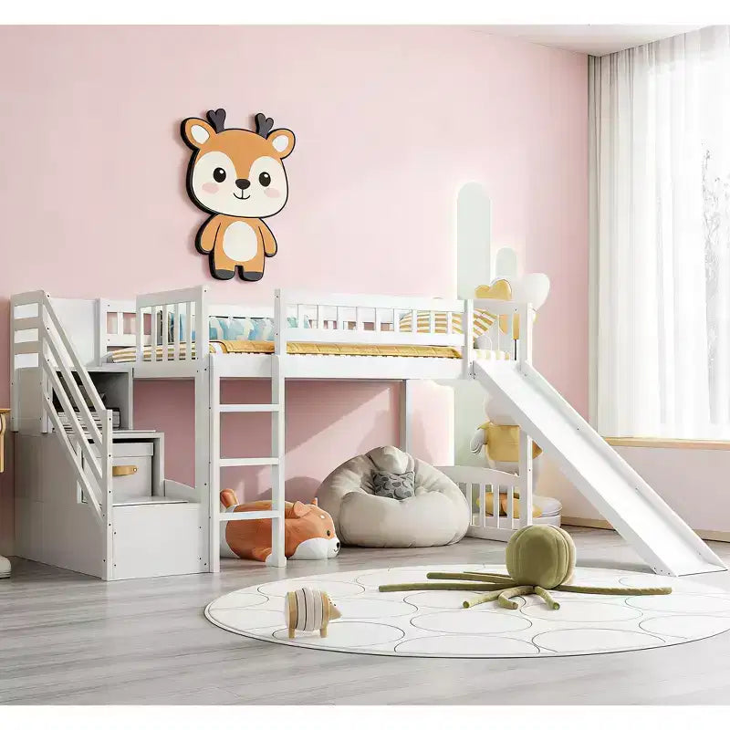 Bellemave Letto a soppalco singolo con scivolo, struttura in legno con scalini contenitore e ringhiere di sicurezza, ideale per le camere da letto.