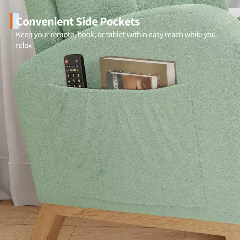 Moderna sedia a dondolo per cameretta, sedia a dondolo imbottita in boucle, comoda poltrona reclinabile a dondolo con tasca laterale, dondolo a scorrimento per soggiorno, camera da letto