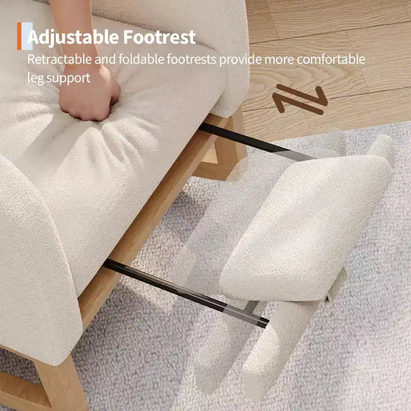 Moderna sedia a dondolo per cameretta, sedia a dondolo imbottita in boucle, comoda poltrona reclinabile a dondolo con tasca laterale, dondolo a scorrimento per soggiorno, camera da letto