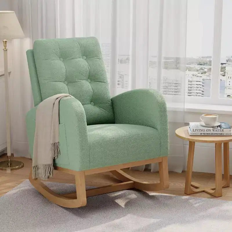 Moderna sedia a dondolo per cameretta, sedia a dondolo imbottita in boucle, comoda poltrona reclinabile a dondolo con tasca laterale, dondolo a scorrimento per soggiorno, camera da letto