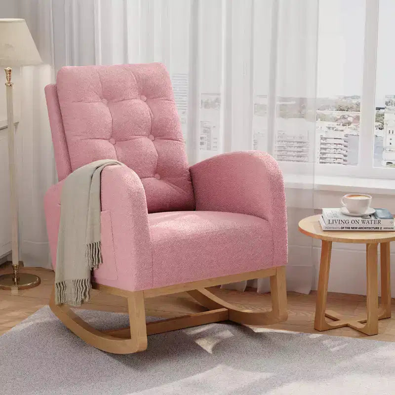 Moderna sedia a dondolo per cameretta, sedia a dondolo imbottita in boucle, comoda poltrona reclinabile a dondolo con tasca laterale, dondolo a scorrimento per soggiorno, camera da letto
