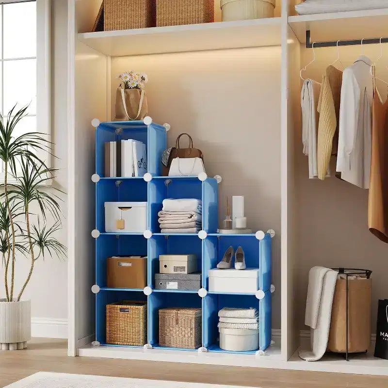 Organizzatore portaoggetti in PVC a 9 cubi, Scaffale modulare di facile montaggio per camera da letto e soggiorno, Blu