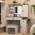 MAYEERTY Vanity Desk with Sliding Mirror Glass Top Charging Station 4 Drawers 2 Cabinets Stool for Bedroom White
