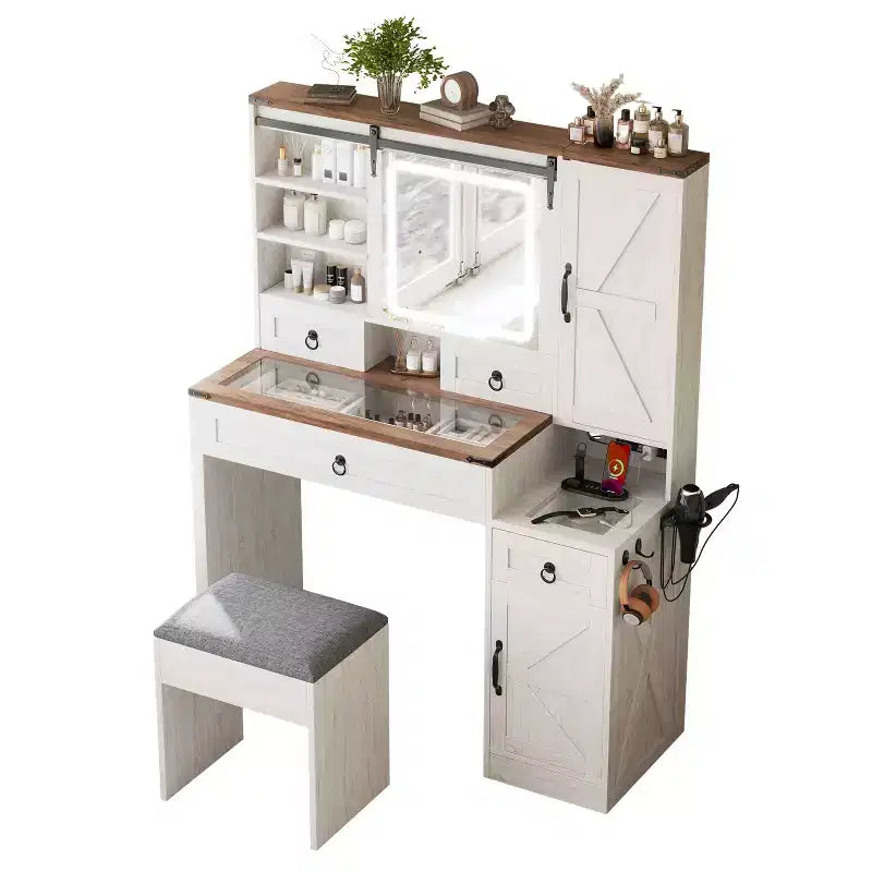 MAYEERTY Toeletta con Specchio Scorrevole, Piano in Vetro, Stazione di Ricarica, 4 Cassetti, 2 Armadietti, Sgabello per Camera da Letto, Bianco