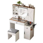MAYEERTY Toeletta con Specchio Scorrevole, Piano in Vetro, Stazione di Ricarica, 4 Cassetti, 2 Armadietti, Sgabello per Camera da Letto, Bianco