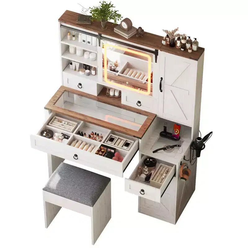 MAYEERTY Toeletta con Specchio Scorrevole, Piano in Vetro, Stazione di Ricarica, 4 Cassetti, 2 Armadietti, Sgabello per Camera da Letto, Bianco