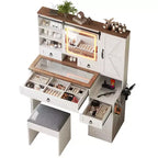MAYEERTY Toeletta con Specchio Scorrevole, Piano in Vetro, Stazione di Ricarica, 4 Cassetti, 2 Armadietti, Sgabello per Camera da Letto, Bianco