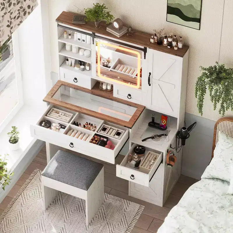 MAYEERTY Toeletta con Specchio Scorrevole, Piano in Vetro, Stazione di Ricarica, 4 Cassetti, 2 Armadietti, Sgabello per Camera da Letto, Bianco