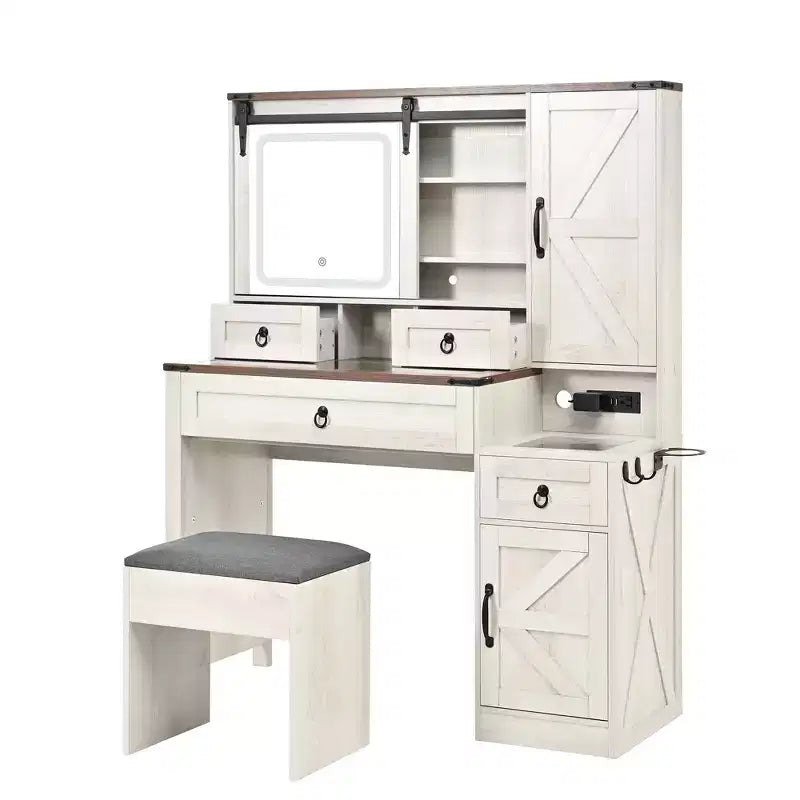 MAYEERTY Toeletta con Specchio Scorrevole, Piano in Vetro, Stazione di Ricarica, 4 Cassetti, 2 Armadietti, Sgabello per Camera da Letto, Bianco