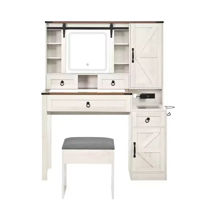 MAYEERTY Toeletta con Specchio Scorrevole, Piano in Vetro, Stazione di Ricarica, 4 Cassetti, 2 Armadietti, Sgabello per Camera da Letto, Bianco