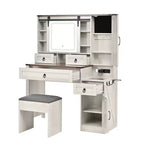 MAYEERTY Toeletta con Specchio Scorrevole, Piano in Vetro, Stazione di Ricarica, 4 Cassetti, 2 Armadietti, Sgabello per Camera da Letto, Bianco