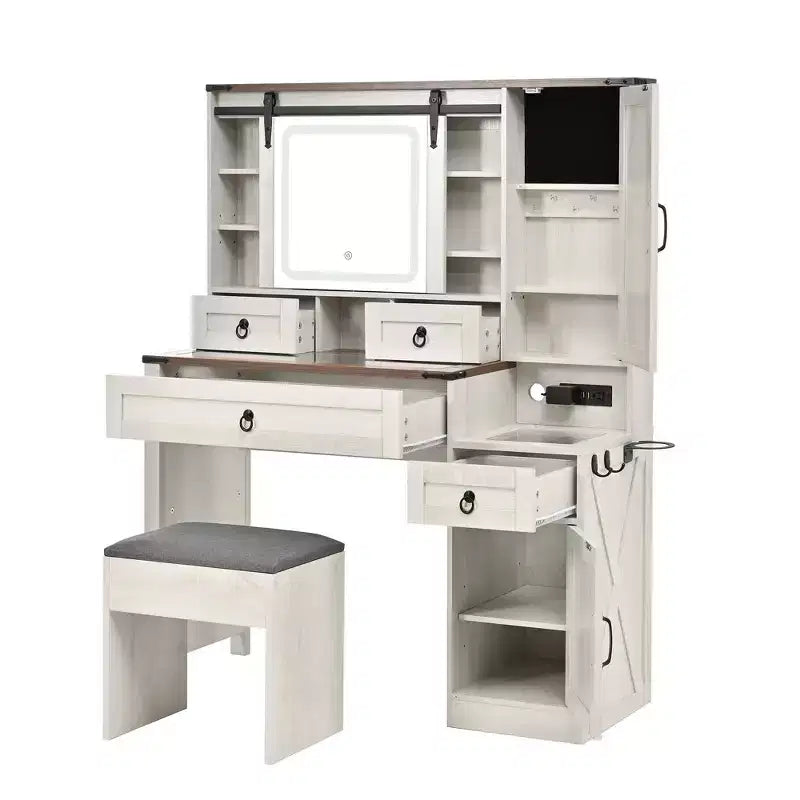 MAYEERTY Toeletta con Specchio Scorrevole, Piano in Vetro, Stazione di Ricarica, 4 Cassetti, 2 Armadietti, Sgabello per Camera da Letto, Bianco