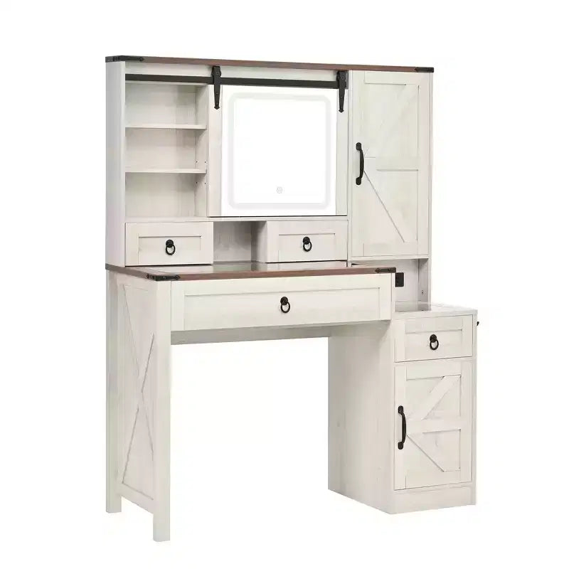 MAYEERTY Toeletta con Specchio Scorrevole, Piano in Vetro, Stazione di Ricarica, 4 Cassetti, 2 Armadietti, Sgabello per Camera da Letto, Bianco