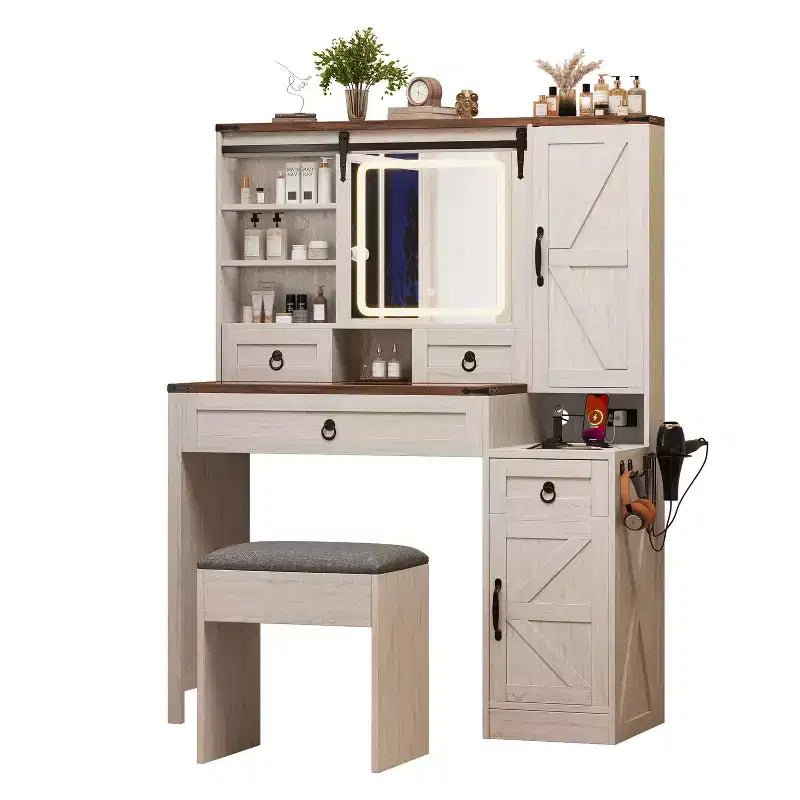 MAYEERTY Toeletta con Specchio Scorrevole, Piano in Vetro, Stazione di Ricarica, 4 Cassetti, 2 Armadietti, Sgabello per Camera da Letto, Bianco