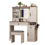 MAYEERTY Toeletta con Specchio Scorrevole, Piano in Vetro, Stazione di Ricarica, 4 Cassetti, 2 Armadietti, Sgabello per Camera da Letto, Bianco