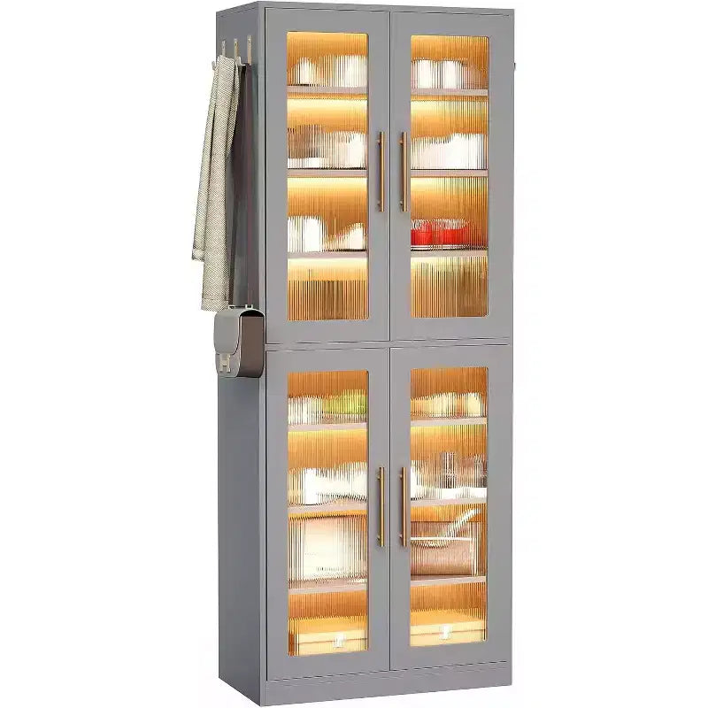 Lantine 8-Tier Vertical Shoe Rack with Built-in LED Lighting and Doors, Shoe Cabinet with Hooks for Entryway, Living Room, Bedroom, Grey