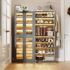 Lantine Scarpiera Verticale a 8 Ripiani con Illuminazione LED Integrata e Ante, Armadio Scarpiera con Ganci per Ingresso, Soggiorno, Camera da Lete, Grigio