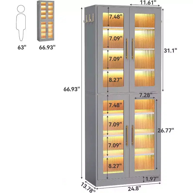 Lantine Scarpiera Verticale a 8 Ripiani con Illuminazione LED Integrata e Ante, Armadio Scarpiera con Ganci per Ingresso, Soggiorno, Camera da Lete, Grigio