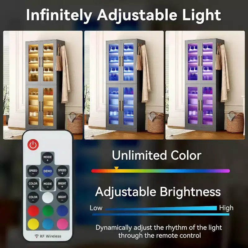 Lantine Scarpiera Verticale a 8 Ripiani con Illuminazione LED Integrata e Ante, Armadio Scarpiera con Ganci per Ingresso, Soggiorno, Camera da Lete, Grigio