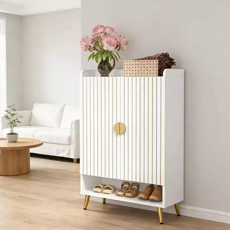 Scarpiera JVNOXK 28 pollici, scarpiera moderna, sette ripiani con mensole regolabili, finitura effetto legno, design con porta girevole, bianca
