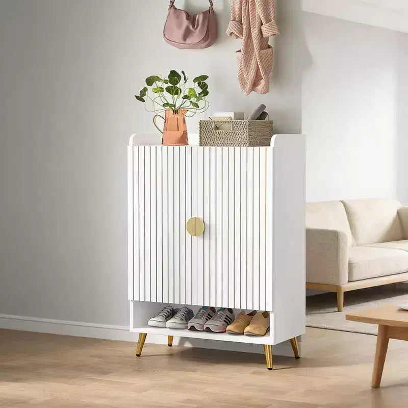 Scarpiera JVNOXK 28 pollici, scarpiera moderna, sette ripiani con mensole regolabili, finitura effetto legno, design con porta girevole, bianca