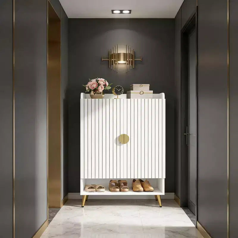 Scarpiera JVNOXK 28 pollici, scarpiera moderna, sette ripiani con mensole regolabili, finitura effetto legno, design con porta girevole, bianca
